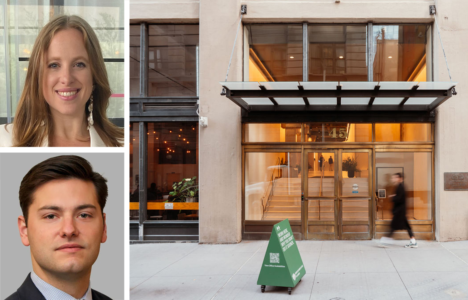 Two Trees Management's Alyssa Zahler (top), Cushman & Wakefield's Michael Baraldi and 45 Main Street, Brooklyn.