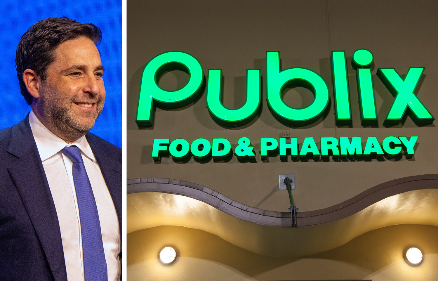 Invesco CEO Andrew Schlossberg and Publix market sign.