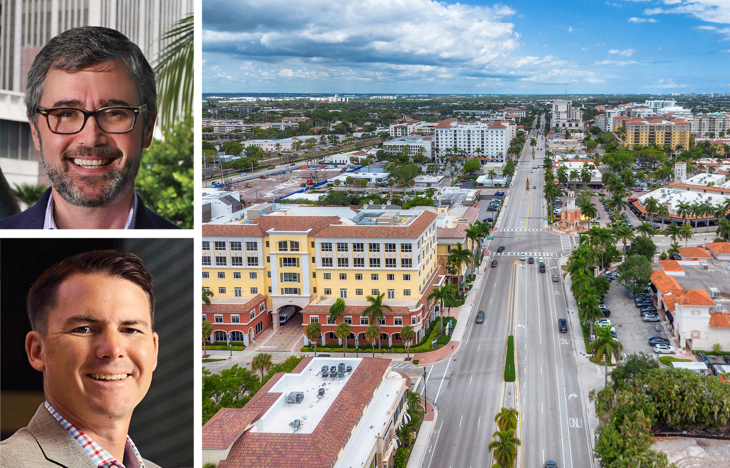 CP Group's Angelo Bianco (top) and Chris Eachus, and an aerial view of Boca Raton, Fla.