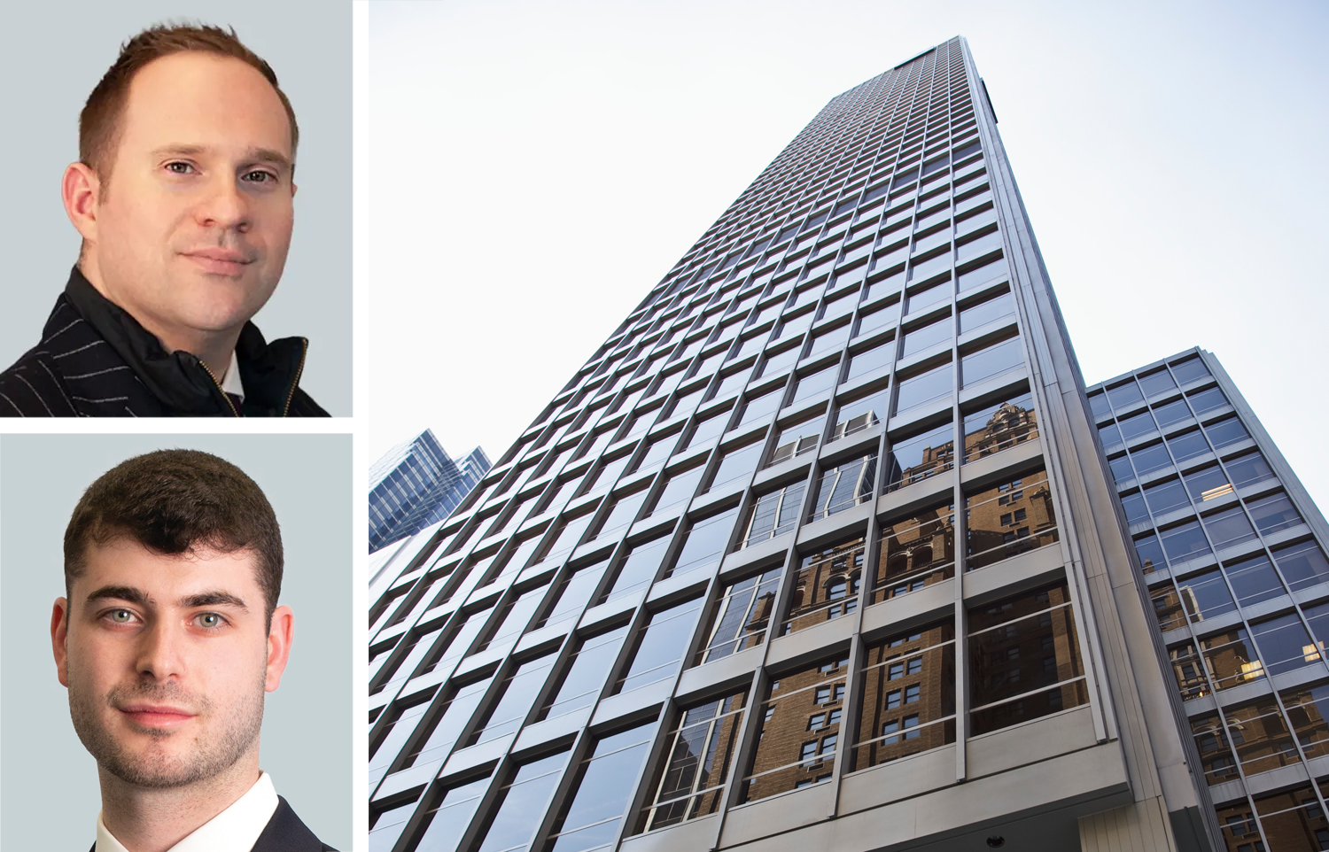 CBRE's Arkady Smolyansky (top) and Jacob Rosenthal, and 1330 Avenue of the Americas.