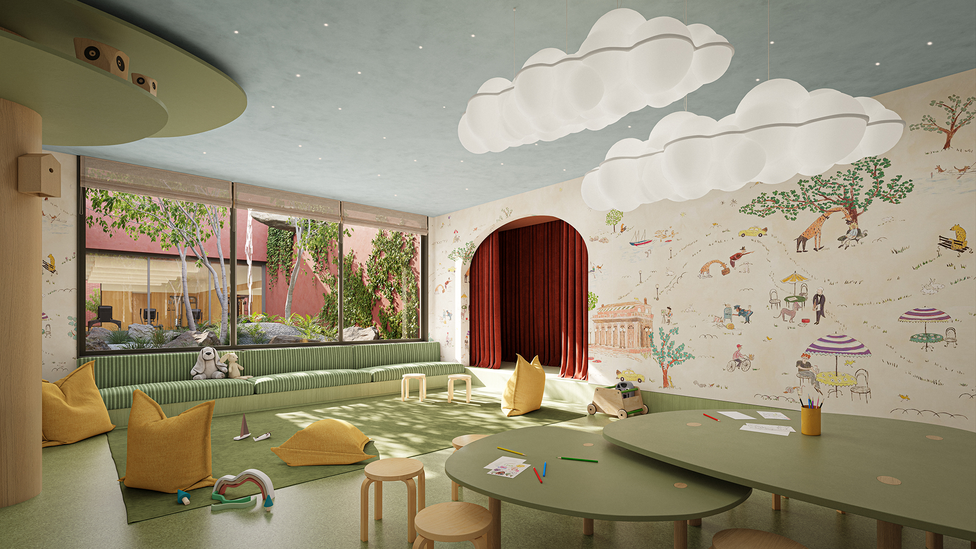 The children’s playroom features a stage for little ones to perform.
