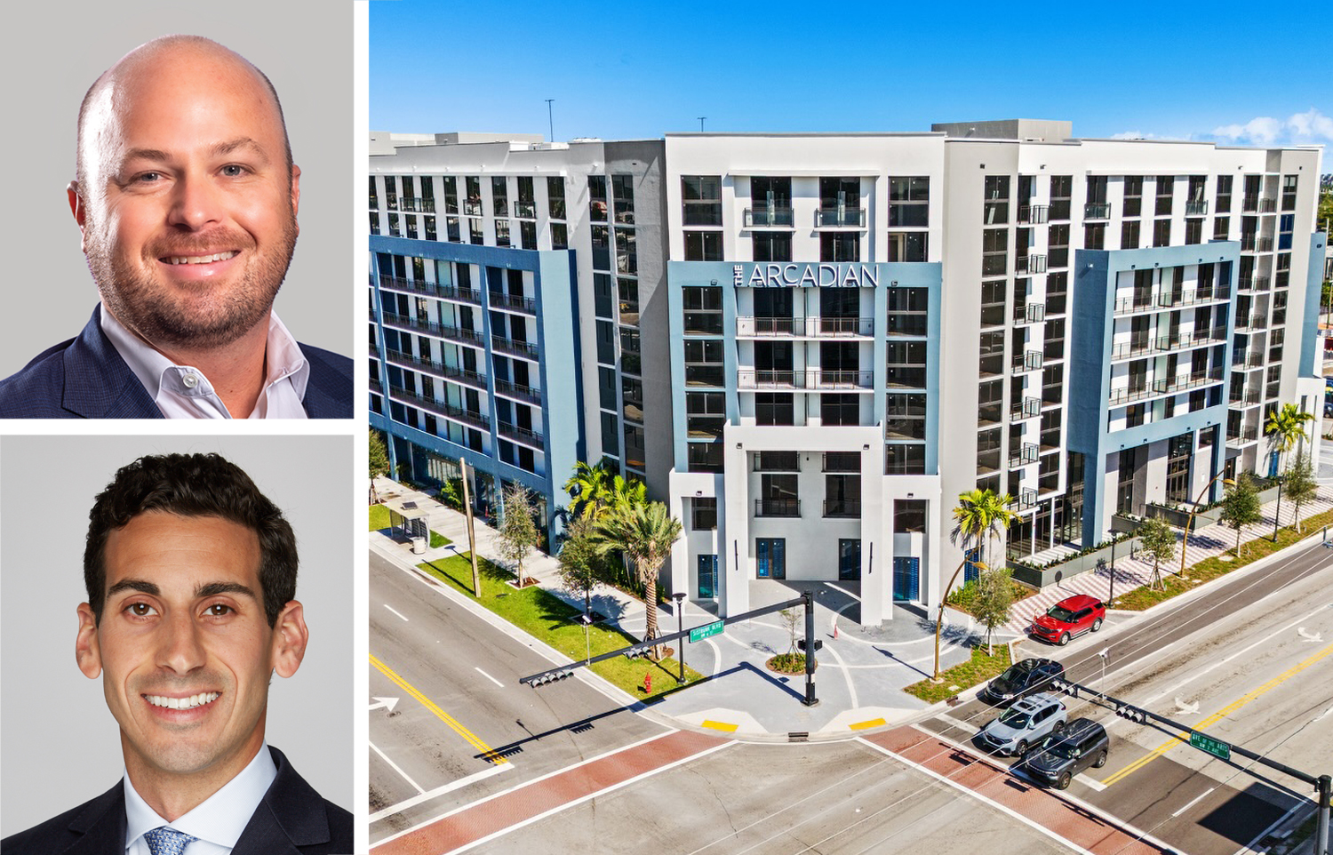 Berkadia's Brad Williamson (top) and Scott Wadler, and The Arcadian in Fort Lauderdale, Fla.