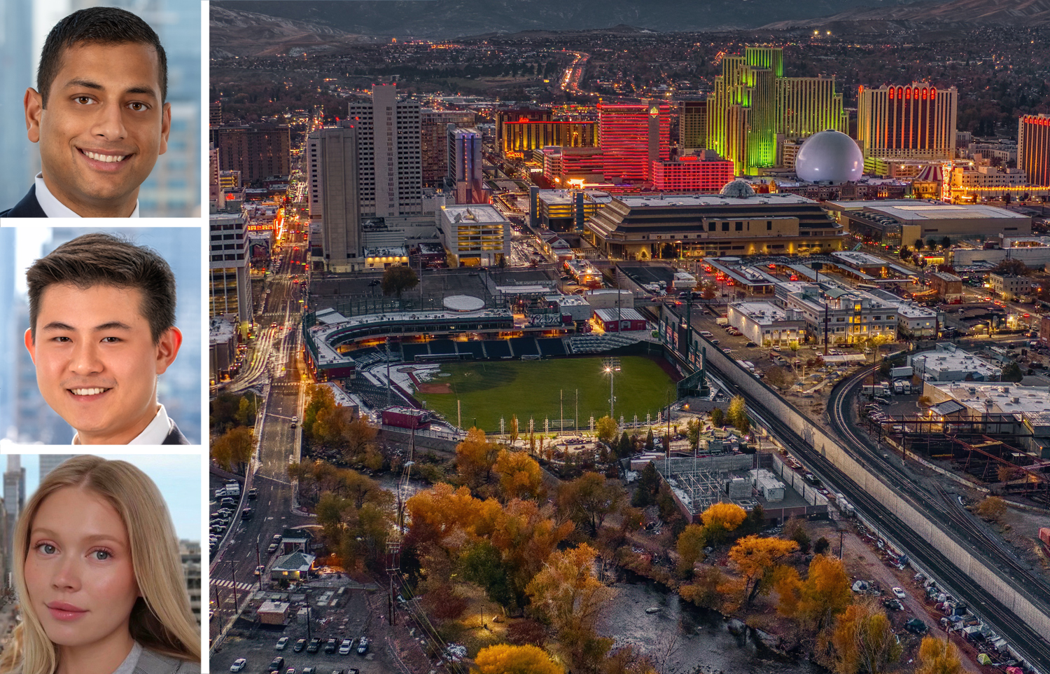 Dwight Investment Management's Brandon Baksh (top), Tommy Ng (center) and Talisse Thompson, and an aerial view of Greater Nevada Field in Reno, Nev.