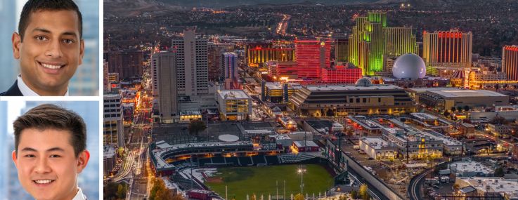 Dwight Investment Management's Brandon Baksh (top), Tommy Ng (center) and Talisse Thompson, and an aerial view of Greater Nevada Field in Reno, Nev.
