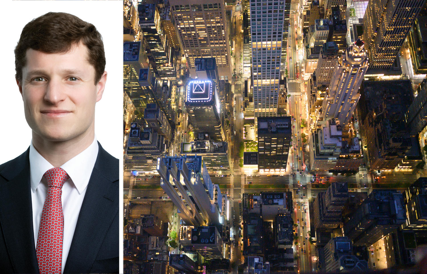Avison Young's Brandon Polakoff and an aerial view of Manhattan at night.