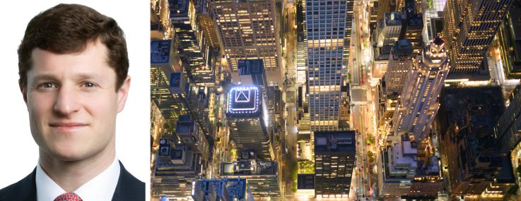 Avison Young's Brandon Polakoff and an aerial view of Manhattan at night.