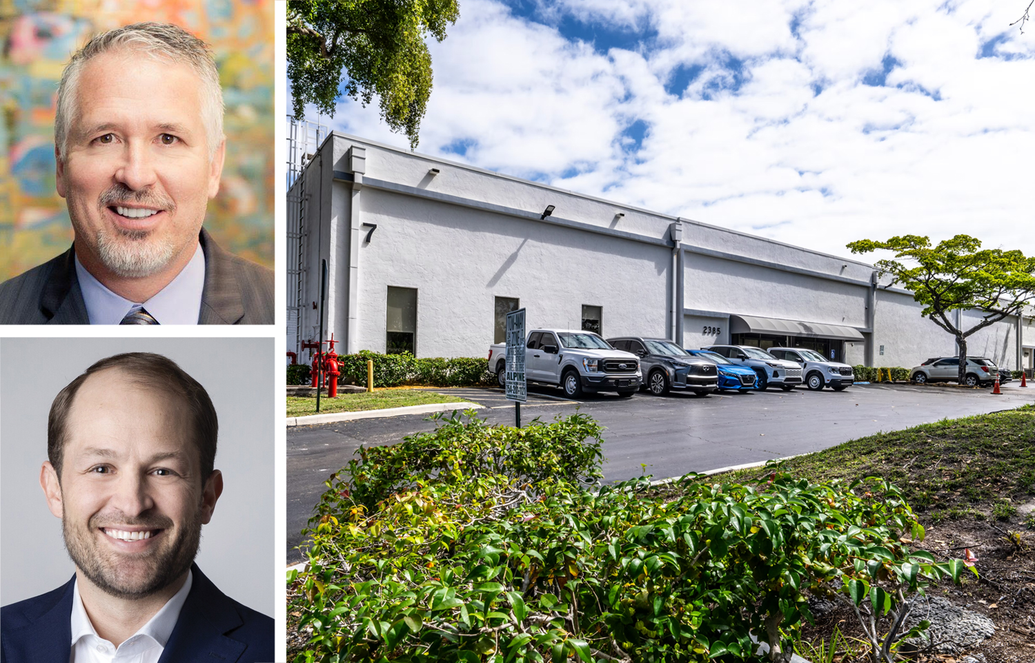 BKM Capital Partners CEO Brian Malliett (top), Link Logistics CEO Luke Petherbridge and a part of the seven-building industrial portfolio in Fort Lauderdale, Fla.