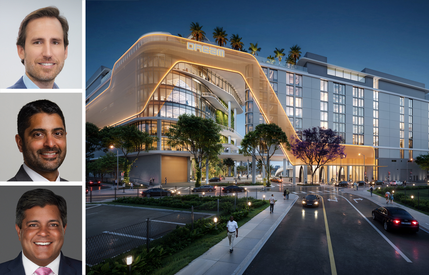 Driftwood Capital's Carlos Rodriguez Jr. (top), Merrimac Ventures' Nitin Motwani (center) and Dev Motwani, and a rendering of the Riverside Wharf development in Miami.