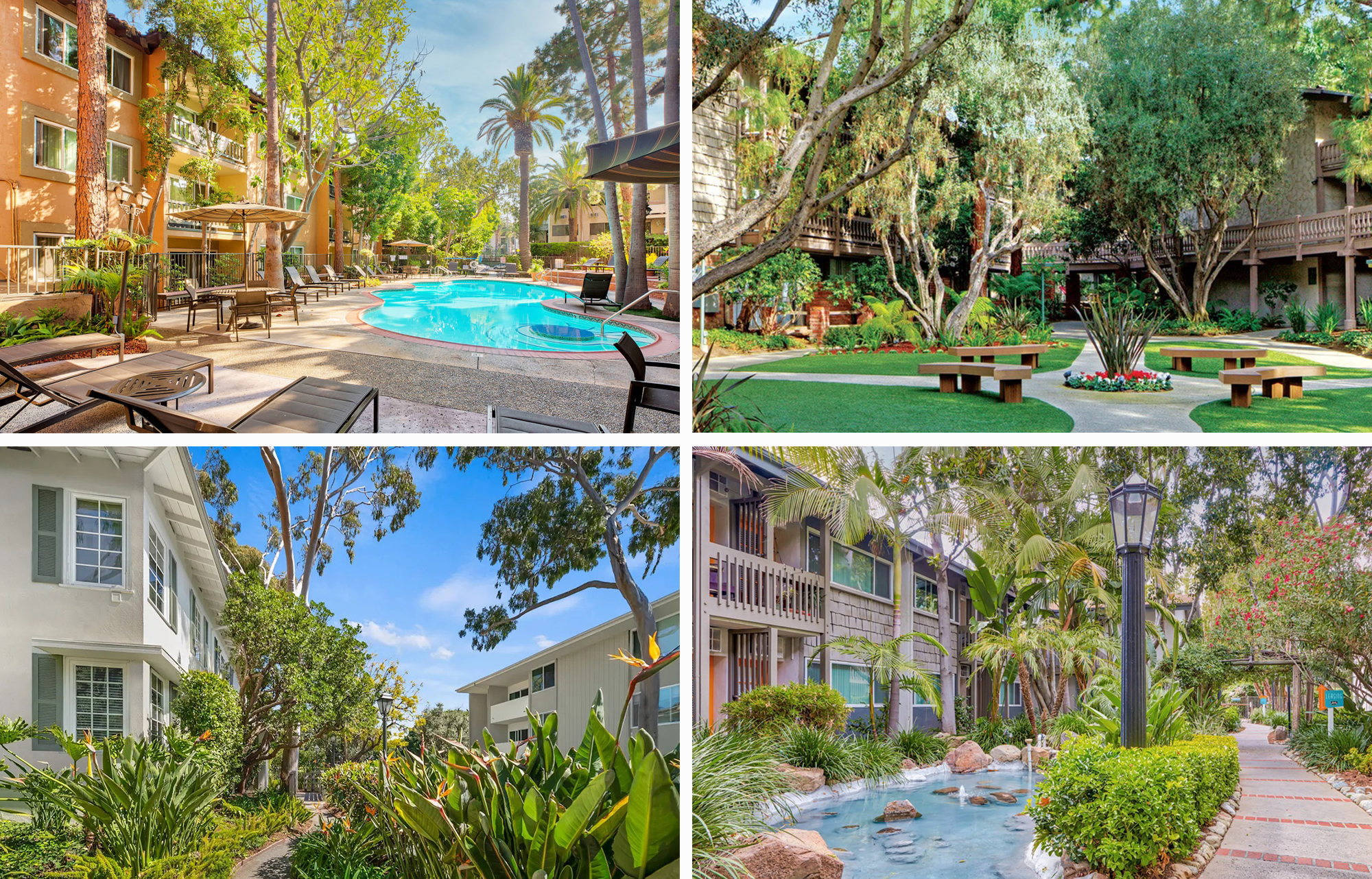 Clockwise from top left: Casa Granada, Sunset Barrington Gardens, Rancho Los Feliz, and Meadows South in California.