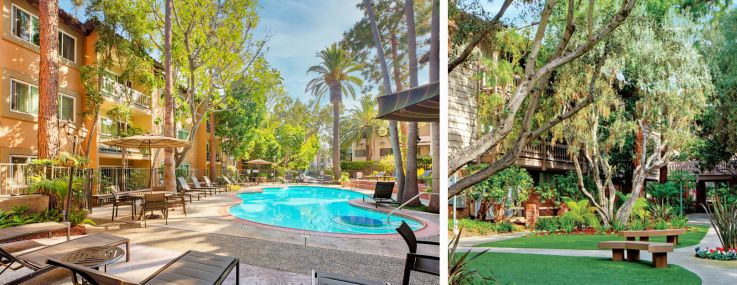 Clockwise from top left: Casa Granada, Sunset Barrington Gardens, Rancho Los Feliz, and Meadows South in California.
