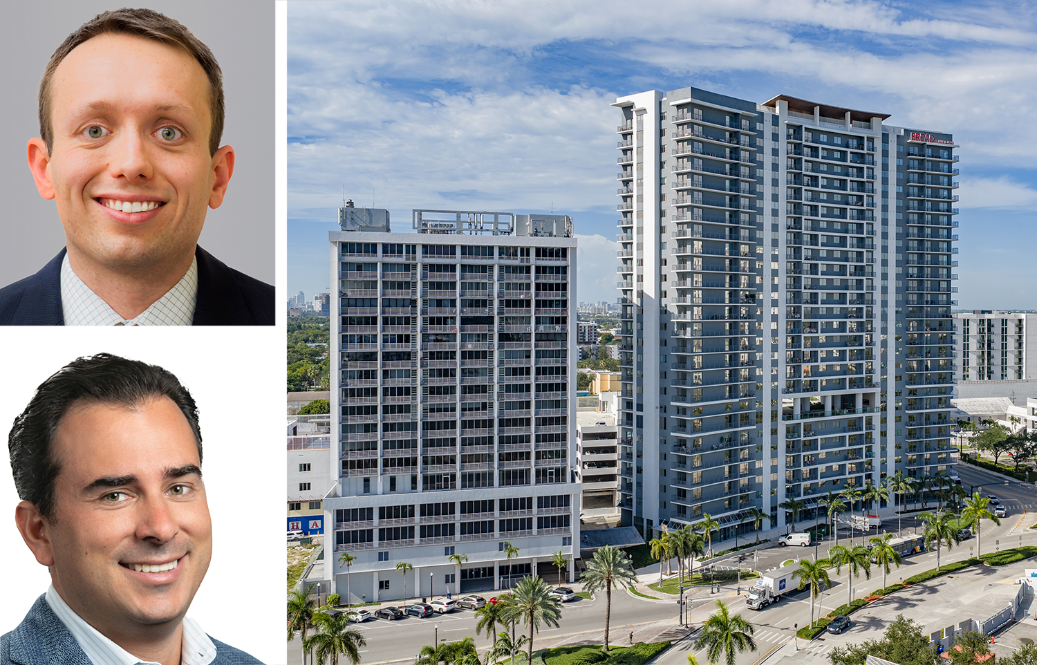 Cushman & Wakefield's Chris Moyer (top), Greystone's Richard Kourbage (bottom), and the Bread Building in Hollywood Fla.