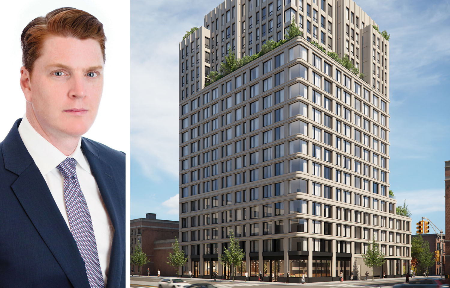 JLL's Christopher Peck and a rendering of 544 Carroll Street, Brooklyn.
