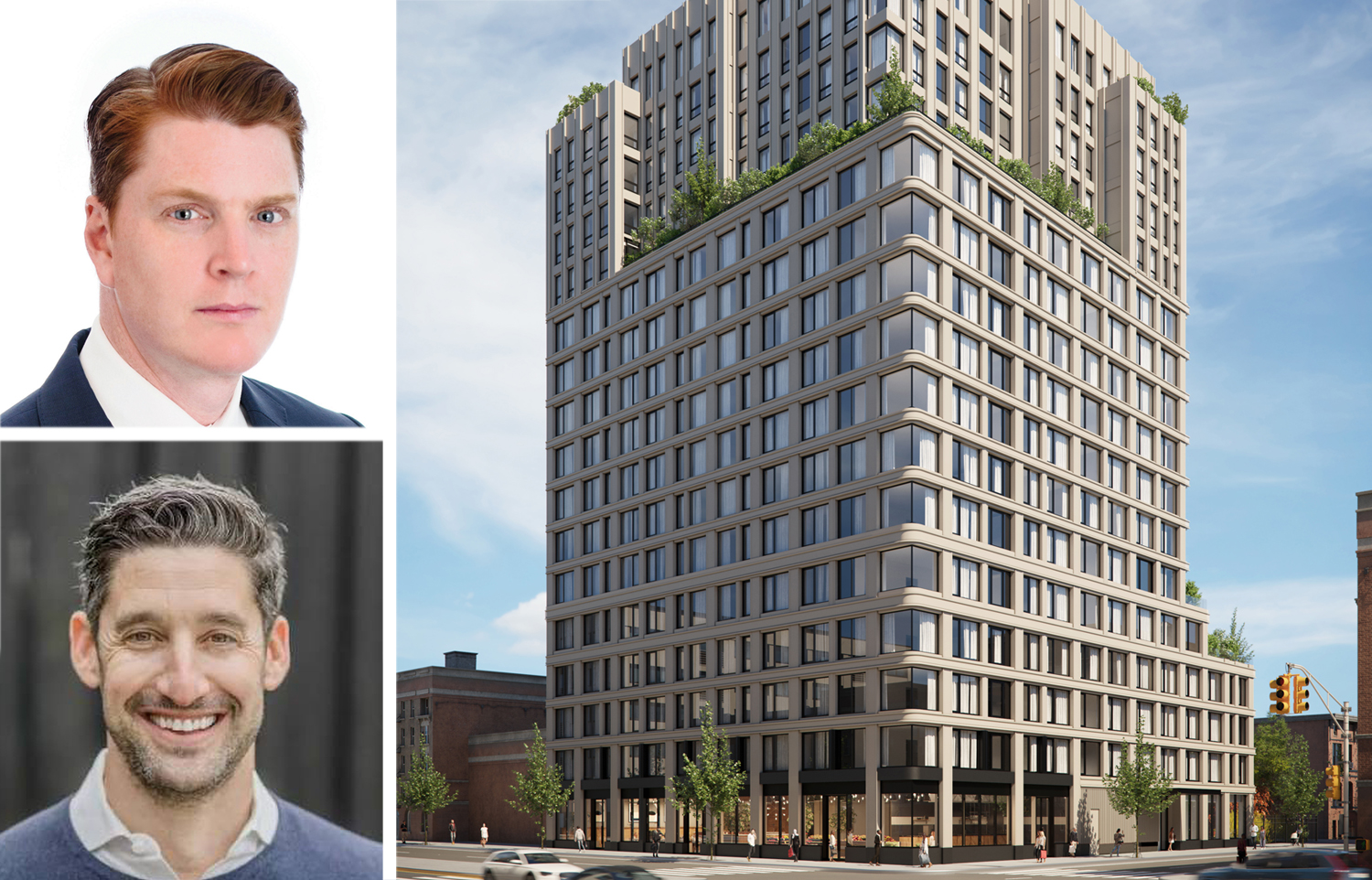 JLL's Christopher Peck (top), Avery Halls' Avi Fisher and a rendering of 544 Carroll Street, Brooklyn.