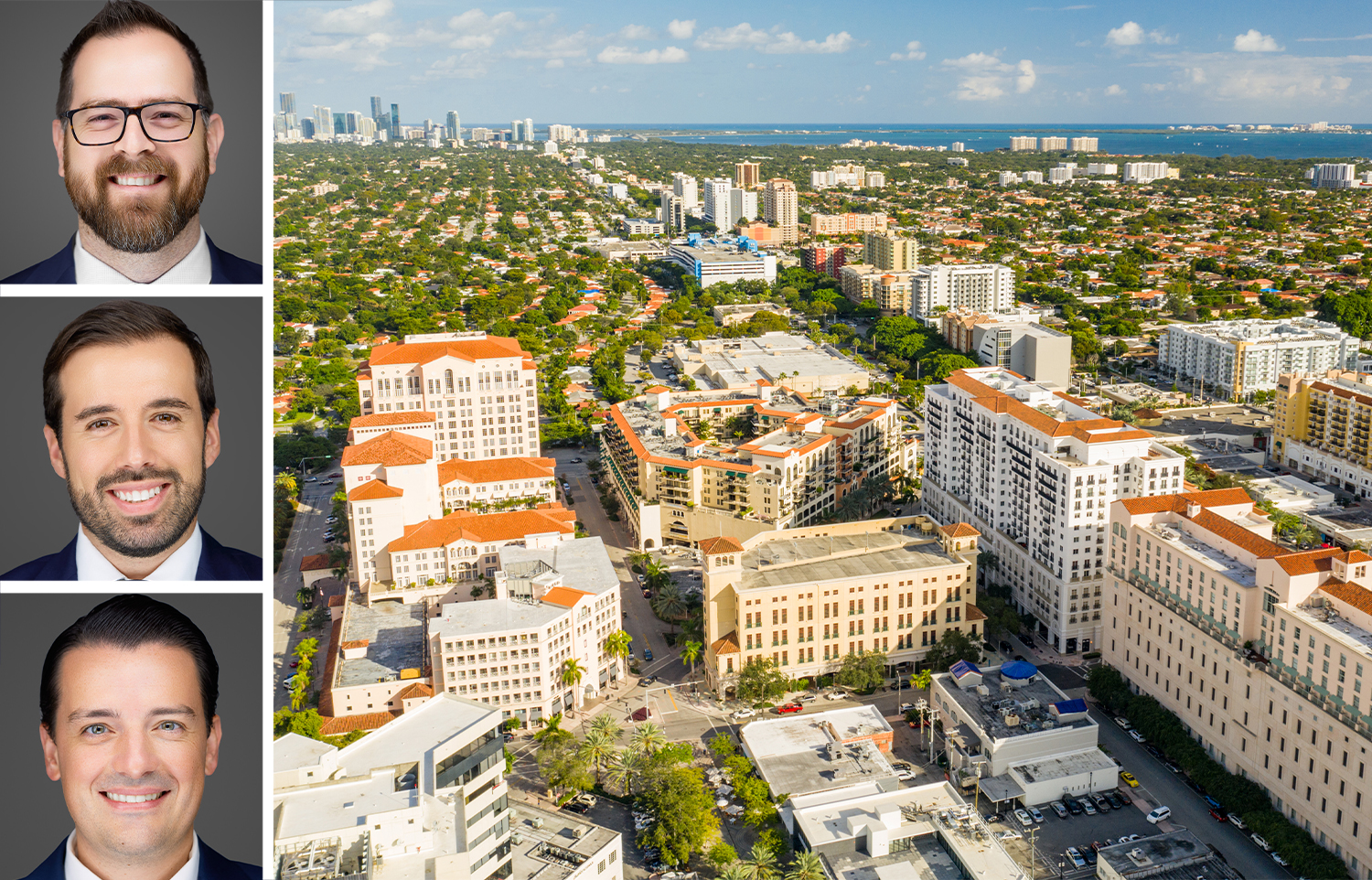 Michael Marrero (top), Branko Kuzmanovic (center), and Rafael Aregger (bottom) and an aerial view of Coral Gables.