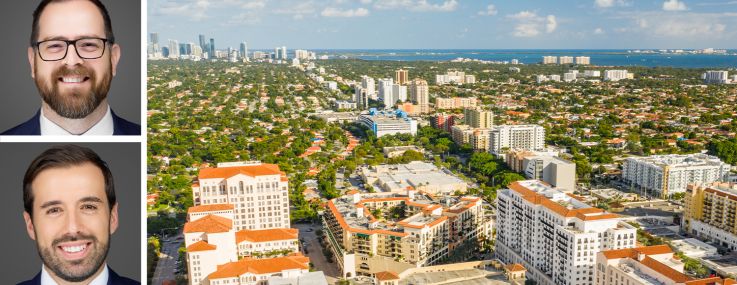Michael Marrero (top), Branko Kuzmanovic (center), and Rafael Aregger (bottom) and an aerial view of Coral Gables.