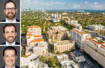 Michael Marrero (top), Branko Kuzmanovic (center), and Rafael Aregger (bottom) and an aerial view of Coral Gables.