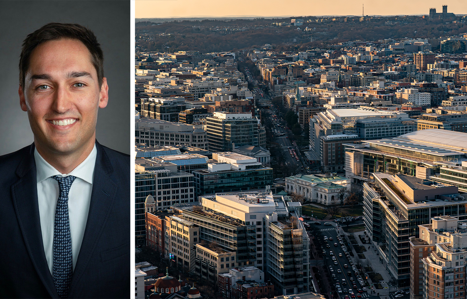 Costas Kontoulis and an aerial view of Washington DC.