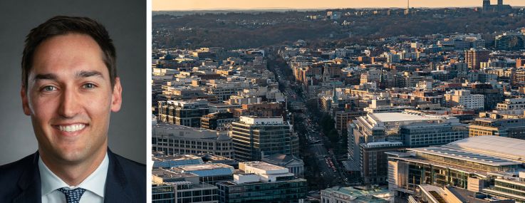 Costas Kontoulis and an aerial view of Washington DC.