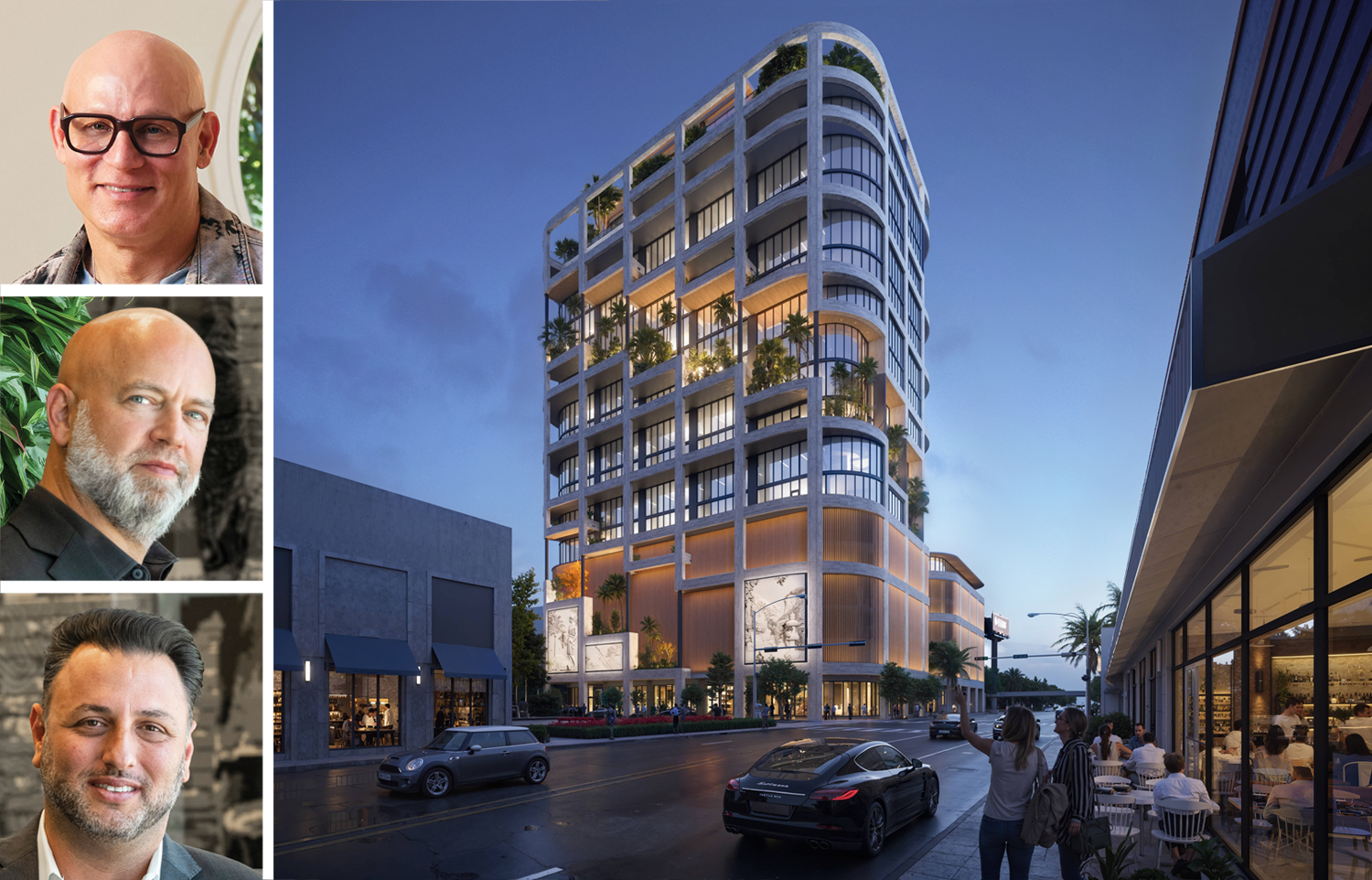 Dacra's Craig Robins (top), BH3 Management's Daniel Lebensohn (center) and Gregory Freedman, and a rendering of the Ursa planned for Miami's Design District.