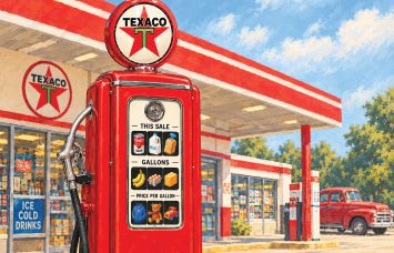 An illustration of a gas pump with various products in place of numbers on the pump price.