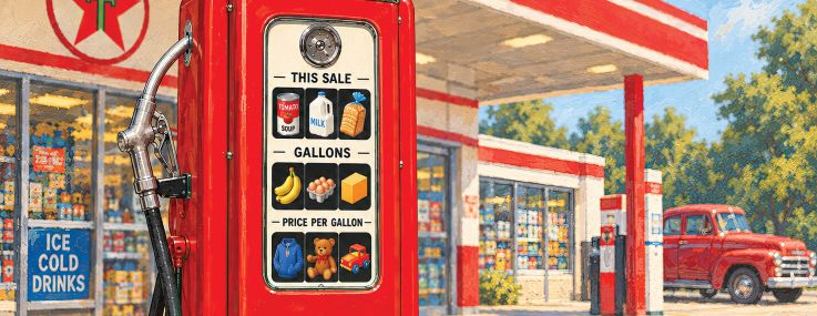An illustration of a gas pump with various products in place of numbers on the pump price.