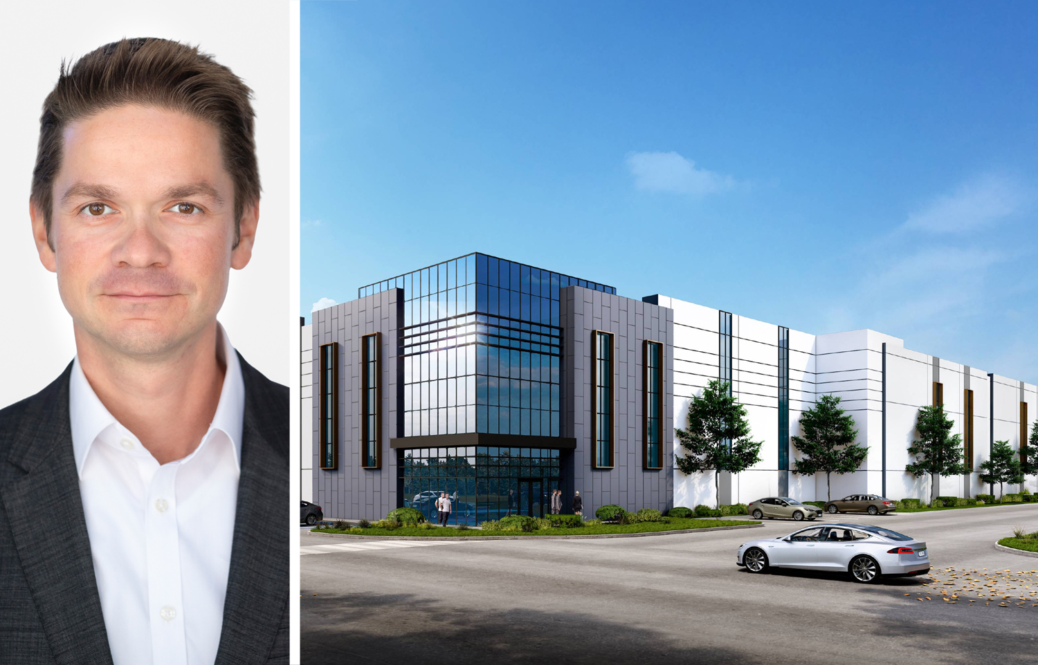 ACORE's Dimitar Goulev and a rendering of 10990 Woodside Avenue, Santee, Calif.