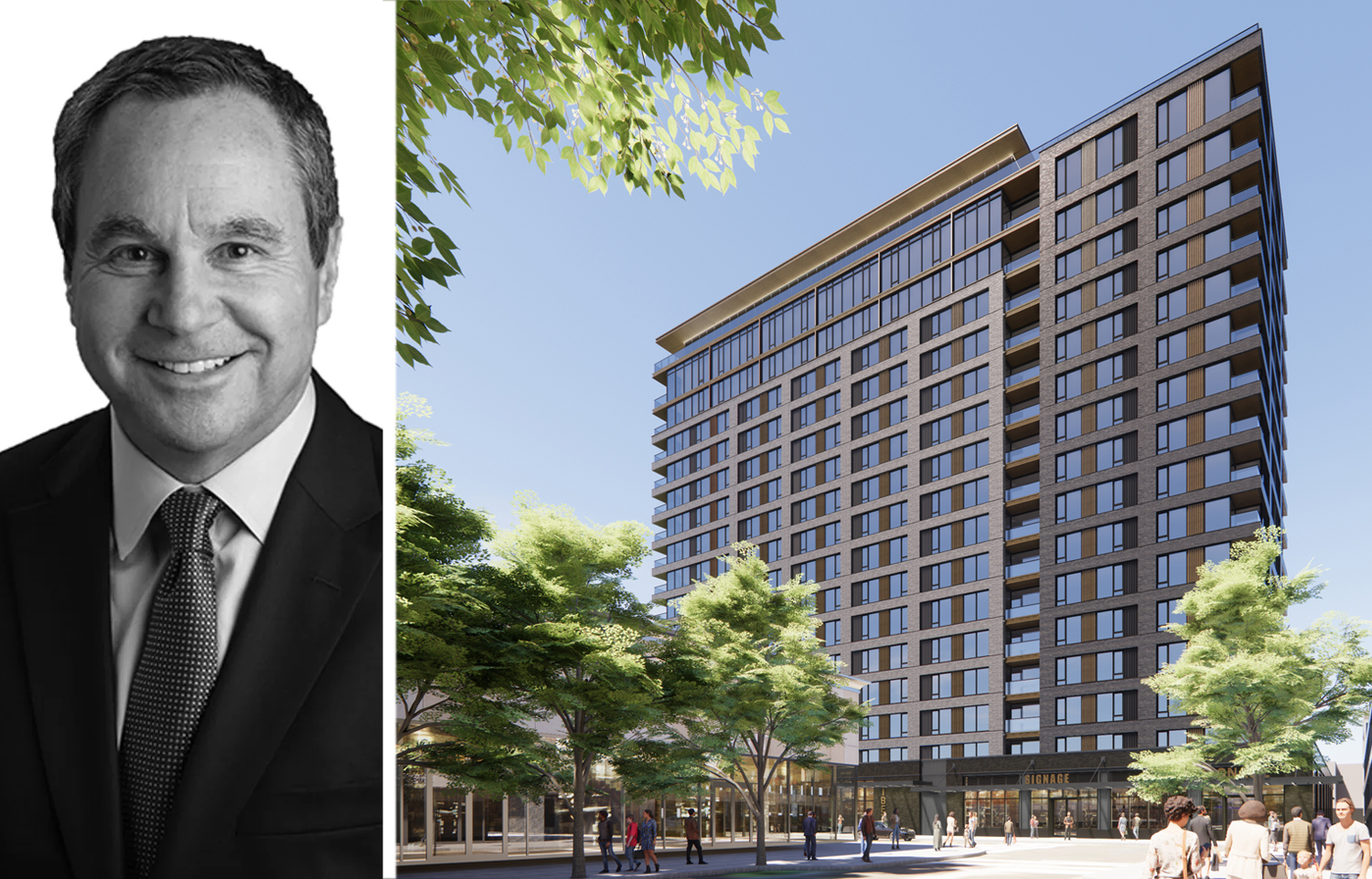 JLL's Evan Pariser and a rendering of Ibex at Ridge Hill in Yonkers, N.Y.