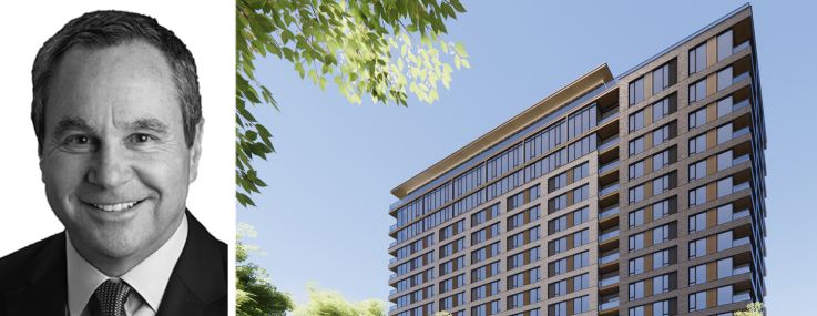 JLL's Evan Pariser and a rendering of Ibex at Ridge Hill in Yonkers, N.Y.
