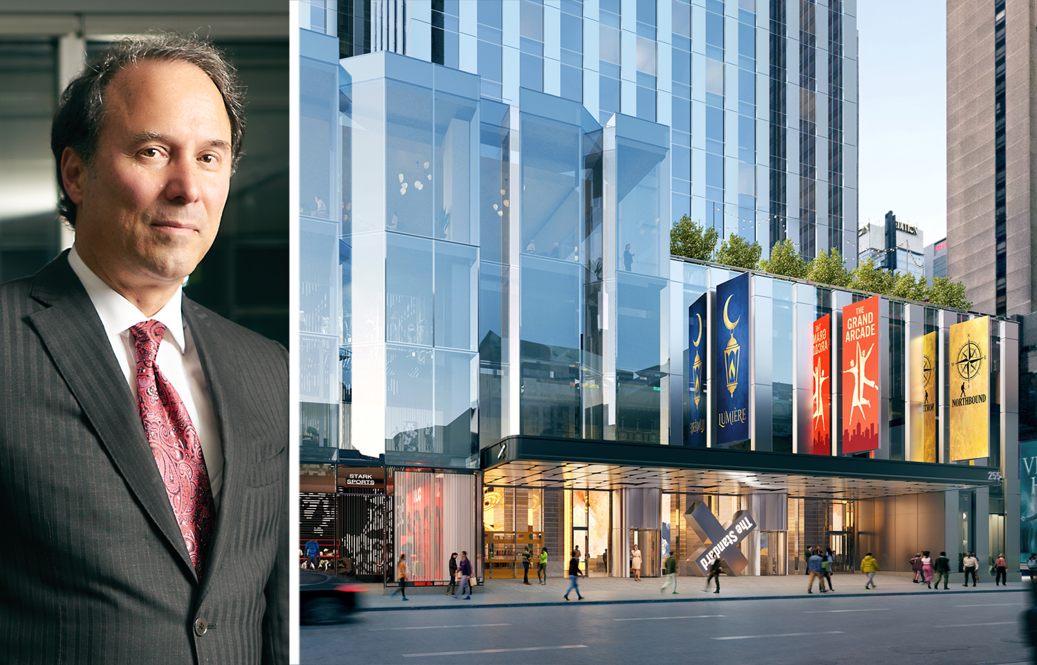 Extell Development's Gary Barnett and a rendering of StandardX Times Square planned for 255 West 45th Street.