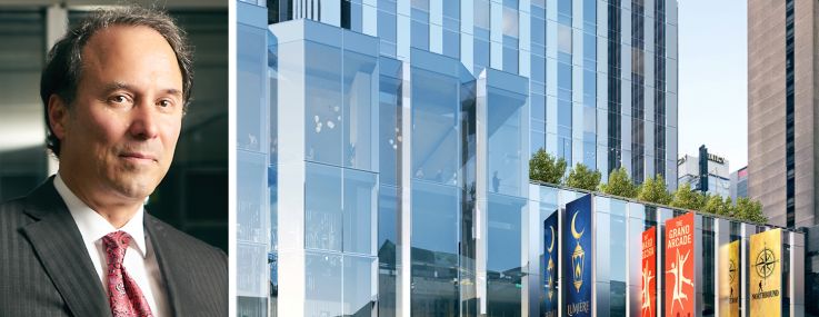 Extell Development's Gary Barnett and a rendering of StandardX Times Square planned for 255 West 45th Street.