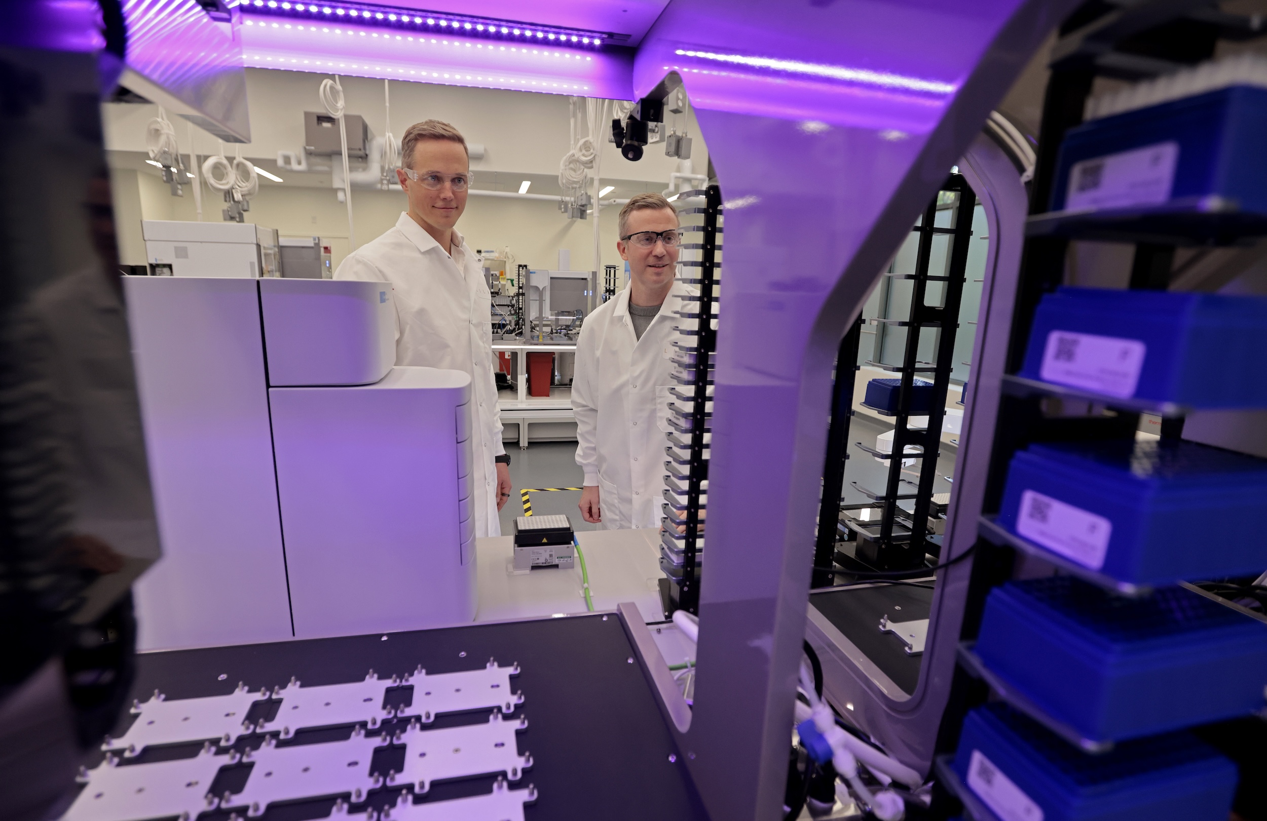 CEO Geoffrey von Maltzahn and CTO Andy Beam are photographed in the lab of Lila Sciences in Cambridge, Mass.