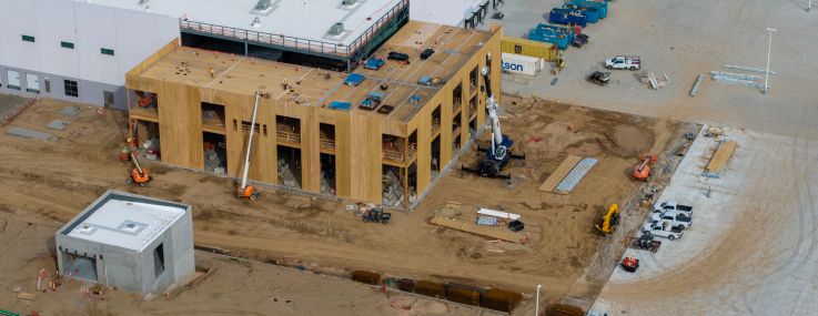 An aerial view of construction of an Amazon Central Hub in Hesperia, Calif.