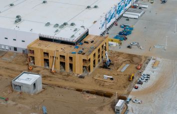 An aerial view of construction of an Amazon Central Hub in Hesperia, Calif.