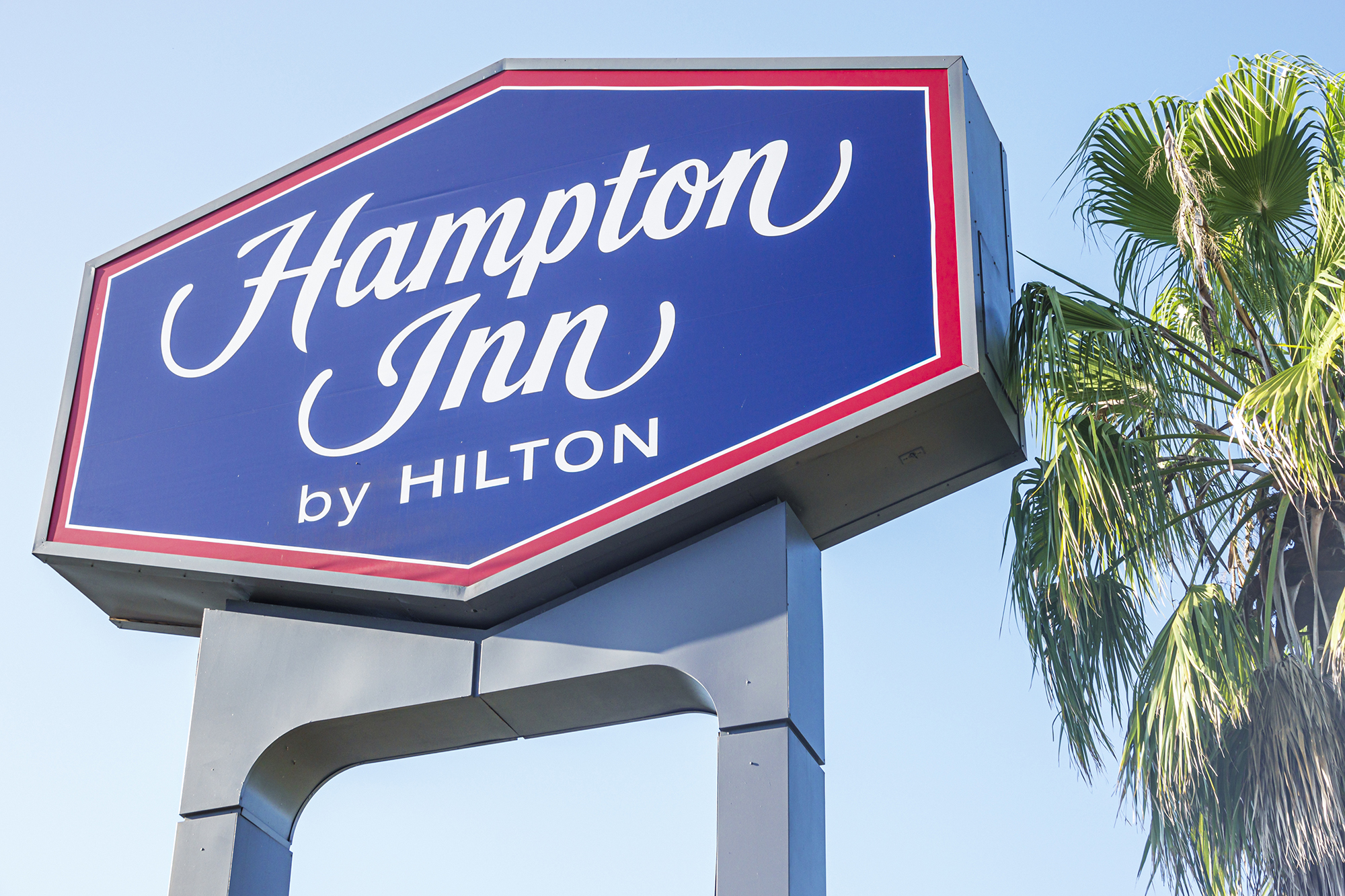 A Hampton Inn by Hilton sigh with a palm tree in the background.
