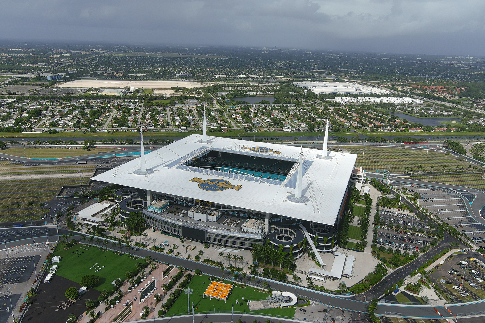 Hard Rock Stadium and the surrounding area in Miami Gardens, Fla.