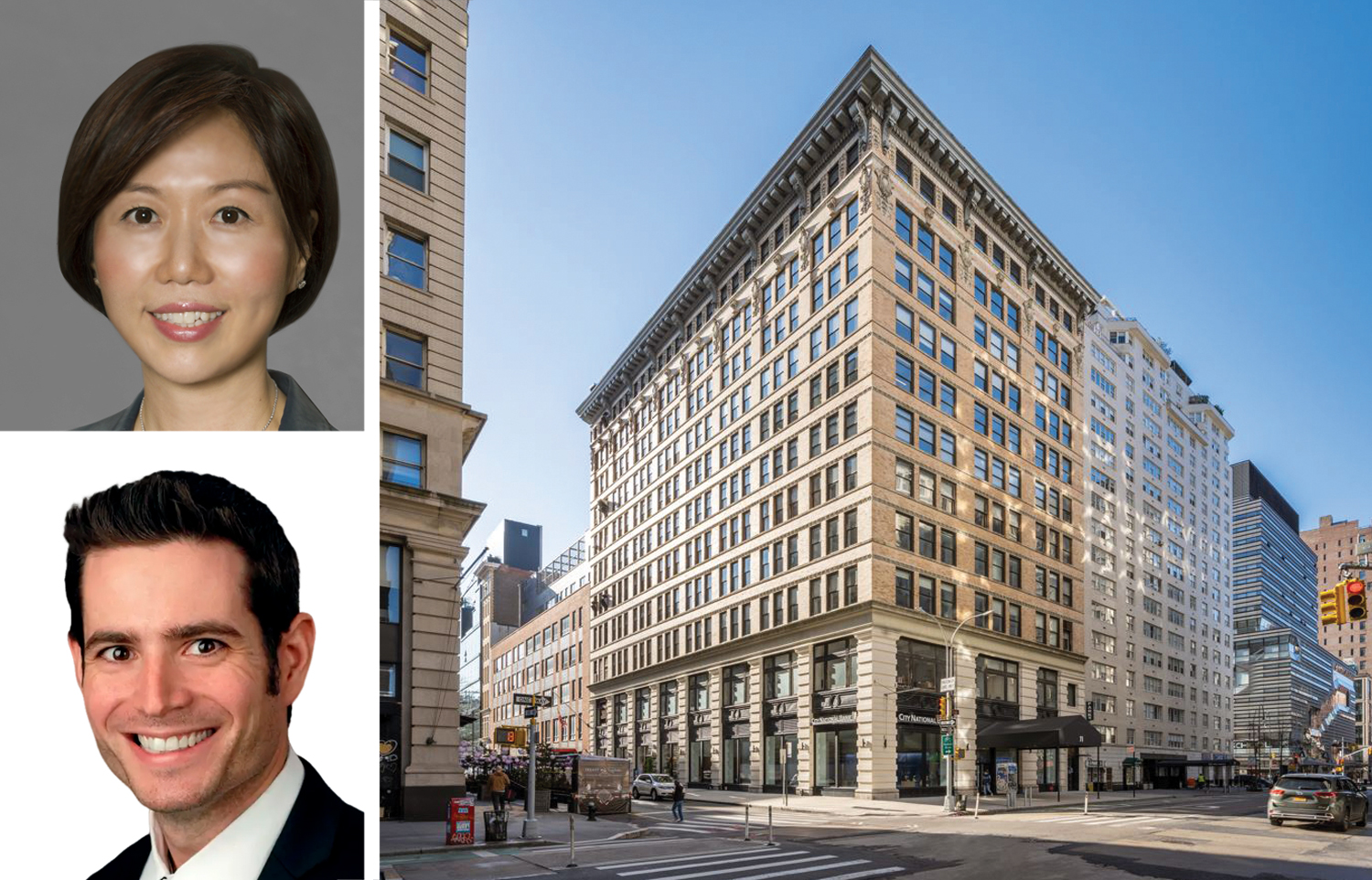 Meridian Capital's Helen Hwang (top) and Brian Szczapa, and 71 Fifth Avenue.