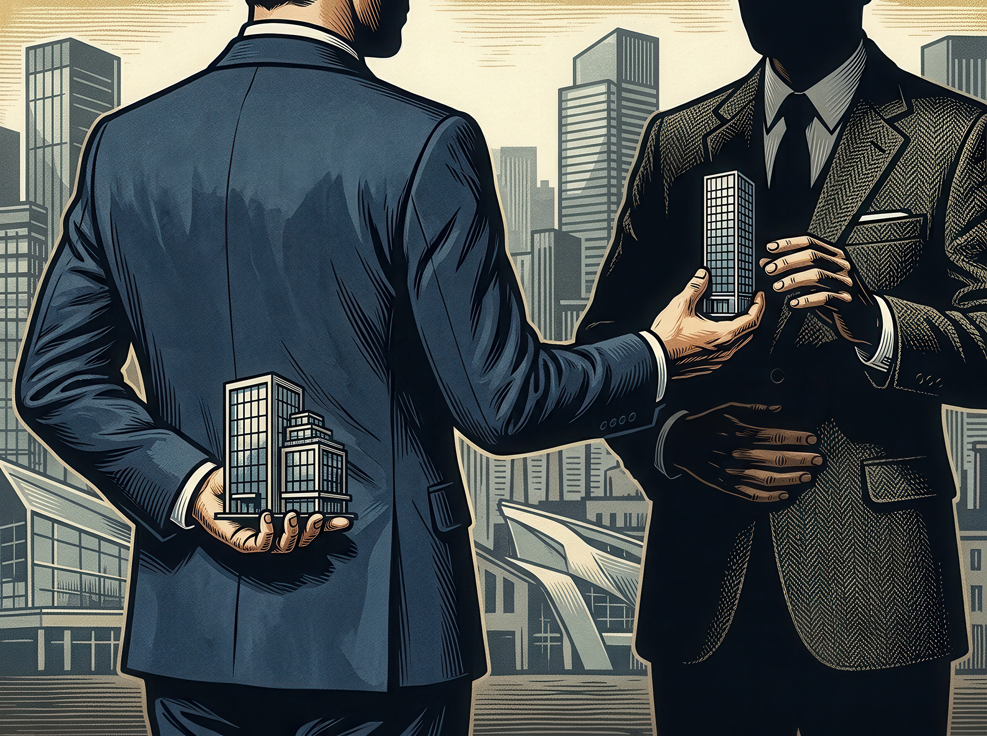 Illustration of two brokers exchanging buildings.