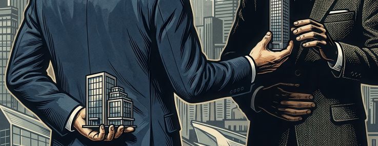 Illustration of two brokers exchanging buildings.