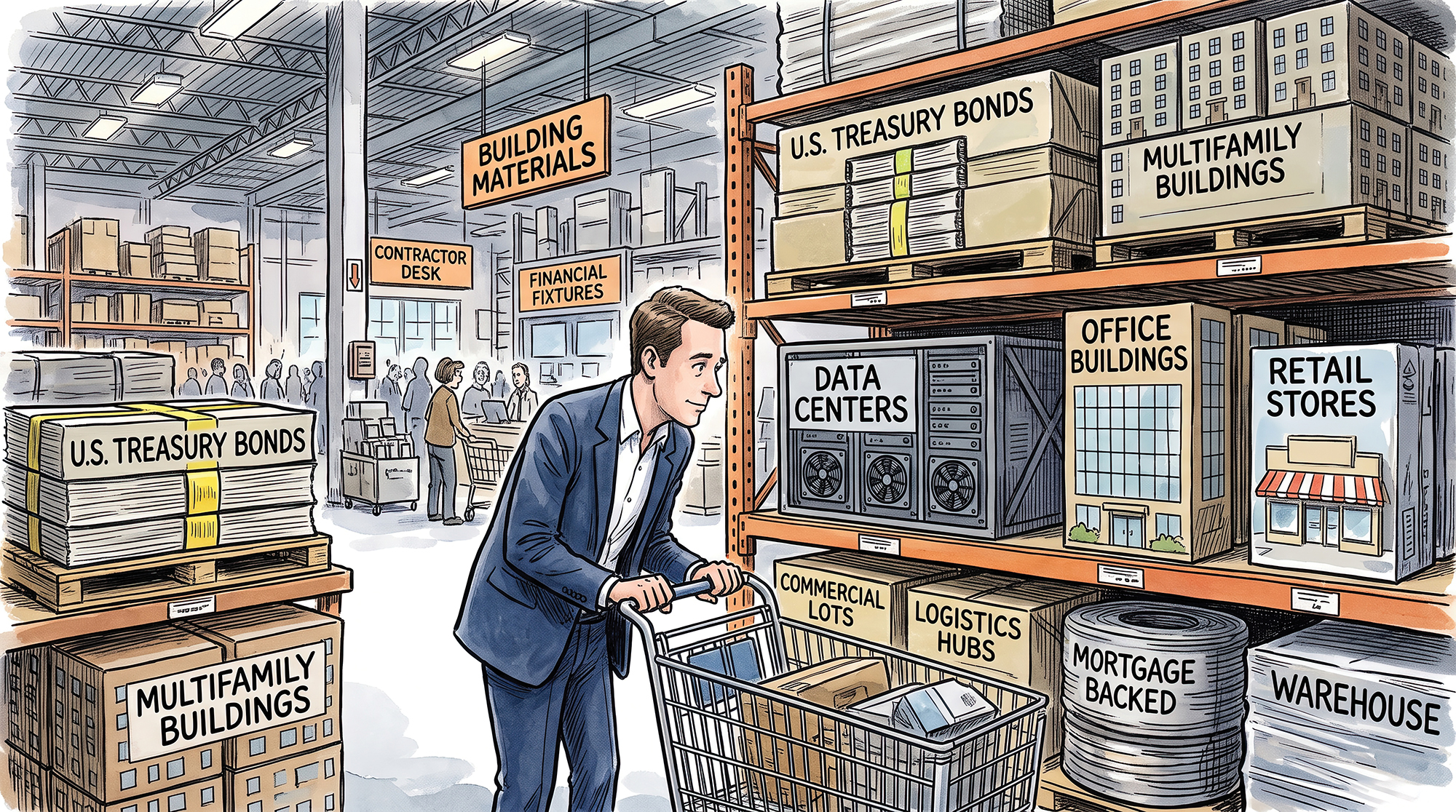 An illustration of a business person shopping for various commercial real estate and debt products.