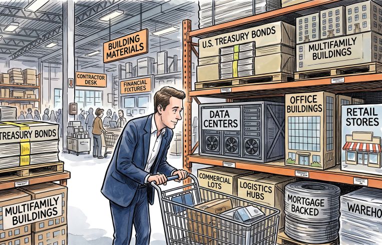 An illustration of a business person shopping for various commercial real estate and debt products.