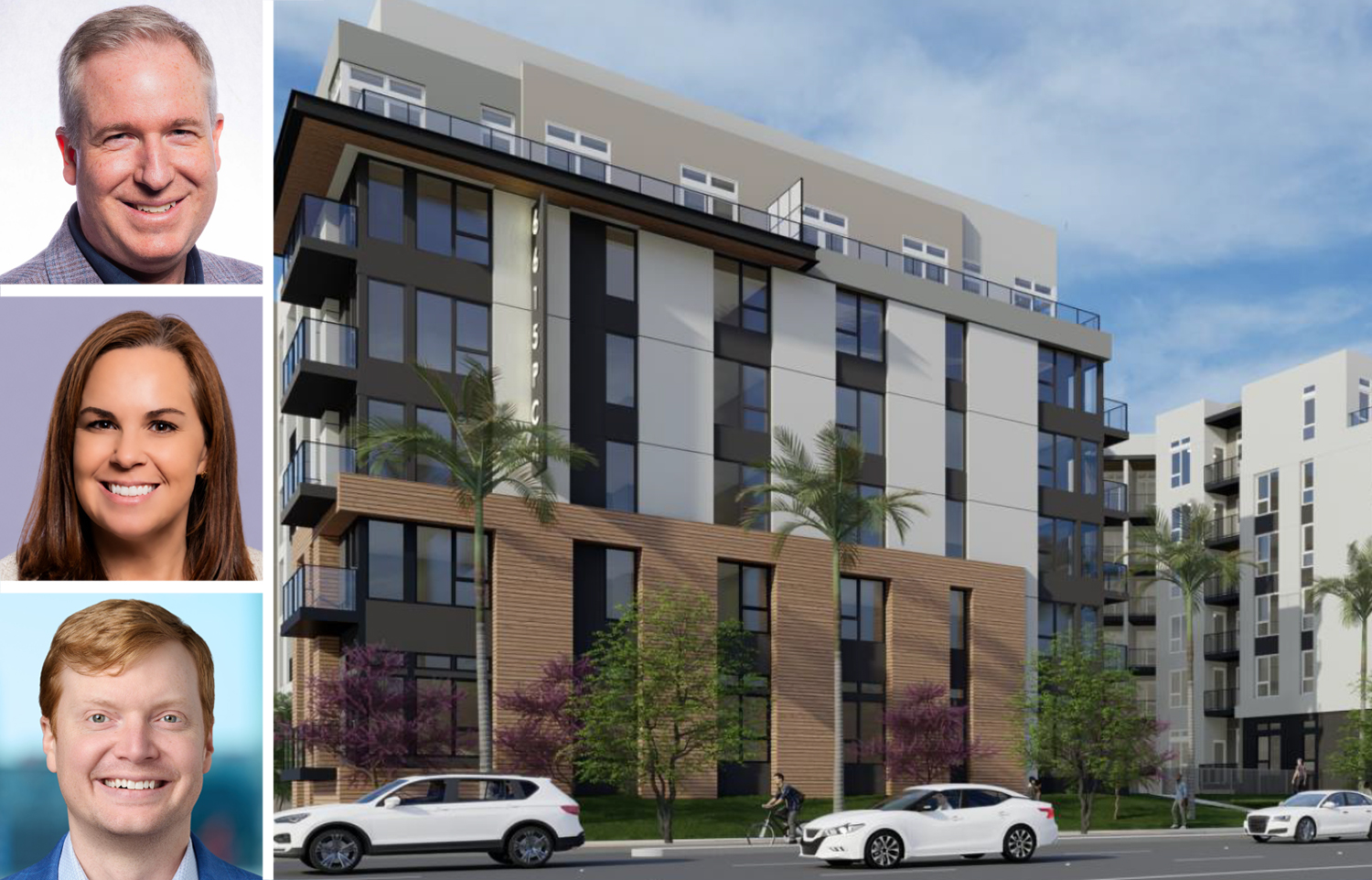 Truist's Jason Paxton (top), Rebecca Cox (center) and Walt Reece, and a rendering of Marina Shores at 6615 East Pacific Coast Highway, Long Beach, Calif.