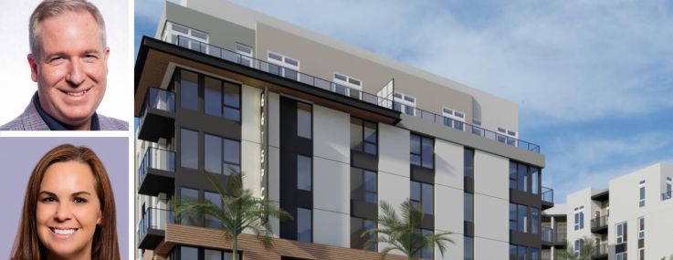 Truist's Jason Paxton (top), Rebecca Cox (center) and Walt Reece, and a rendering of Marina Shores at 6615 East Pacific Coast Highway, Long Beach, Calif.