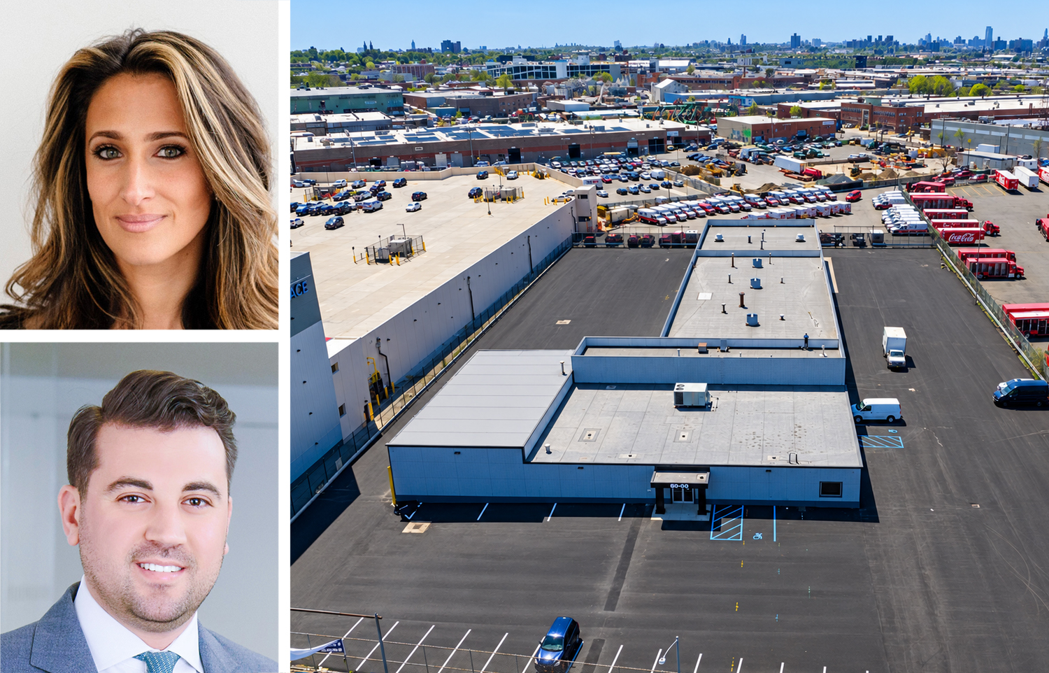 JLL's Jillian Mariutti (top) and Alex Staikos, and 58-80 Borden Avenue, Queens.