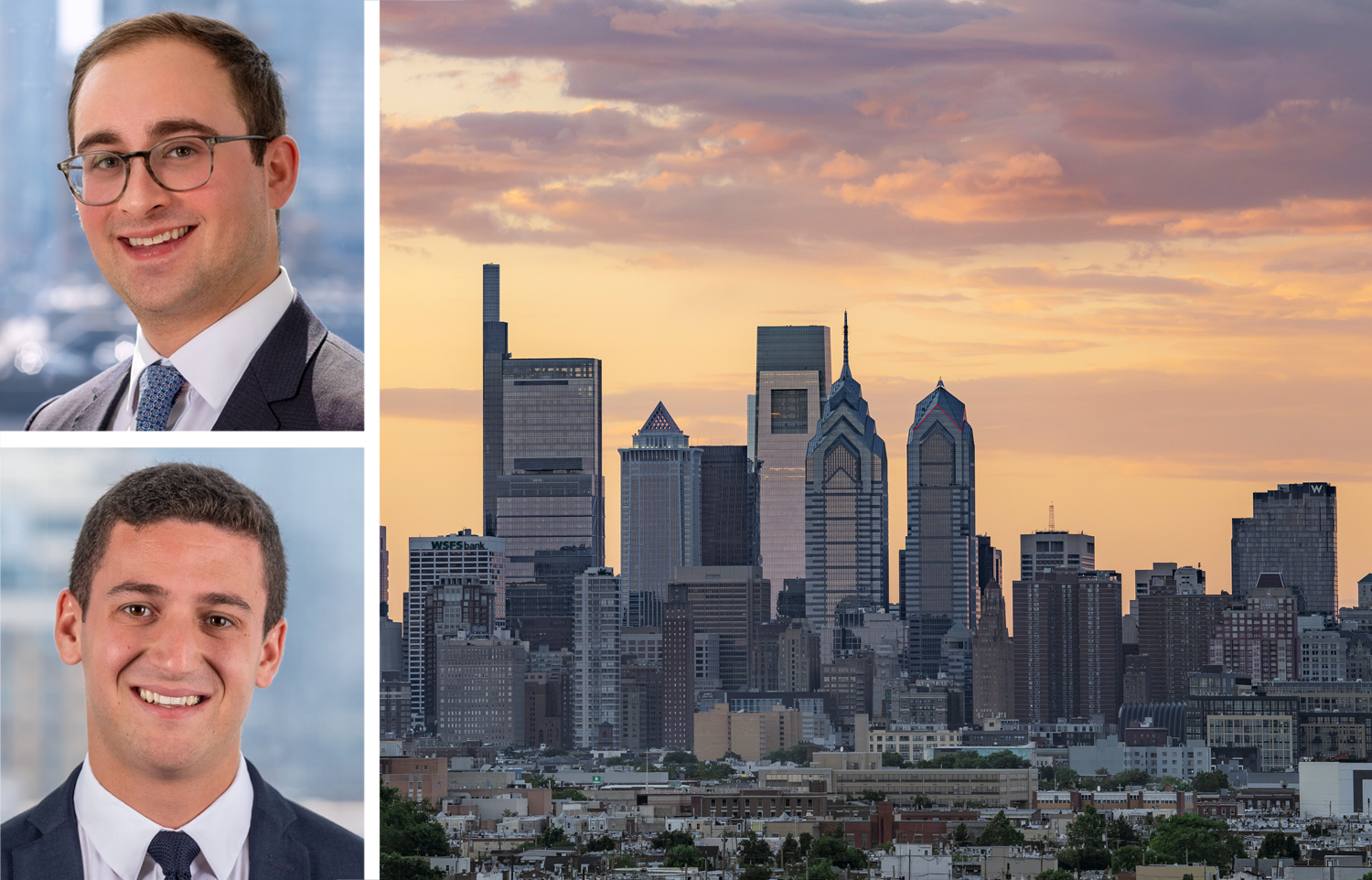 Dwight Capital's Jonathan Pomper (top) and Jack Tawil, and the Philadelphia skyline.