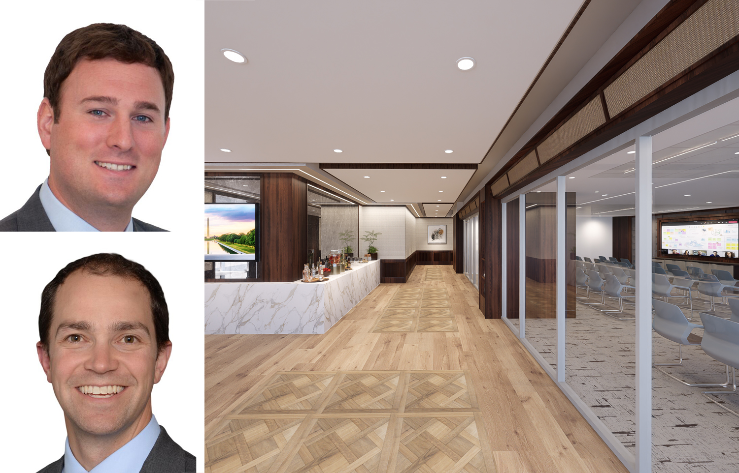 Avison Young's Jonathan Wellborn (top) and Eli Barnes, and 901 K Street Nortwest, Washington, D.C.