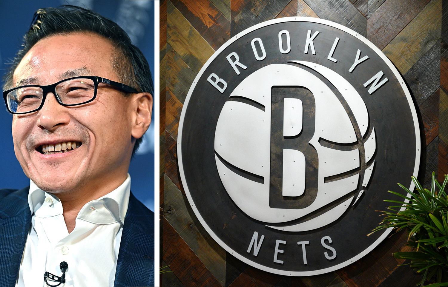 Brooklyn Nets owner Joseph Tsai and the team's logo inside the Brooklyn Nets HSS Training Center in Industry City, Brooklyn.