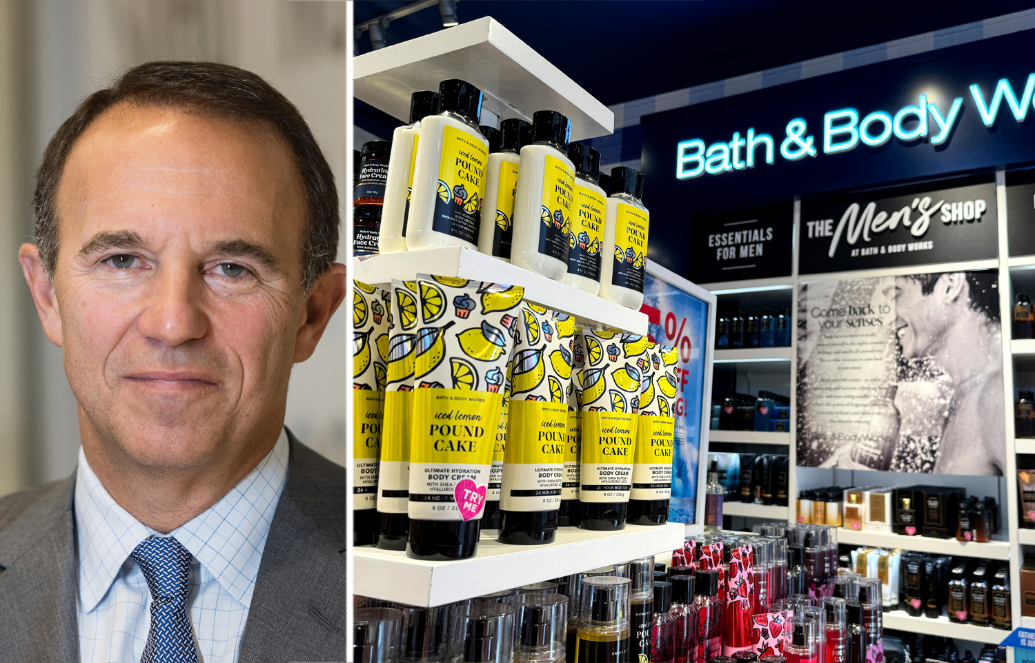 Acadia Realty Trust's Ken Berstein and a Bath & Body Works store.