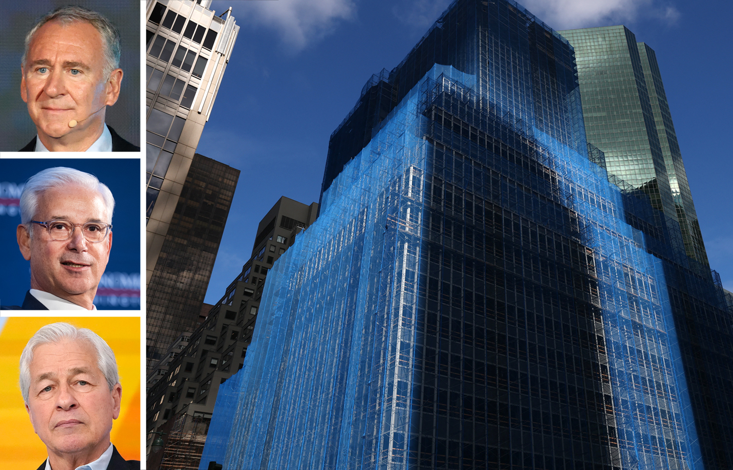 Citadel CEO Ken Griffin (top), Wells Fargo CEO Charlie Scharf (center), JPMorgan CEO Jamie Dimon, and the existing building at 350 Park Avenue.