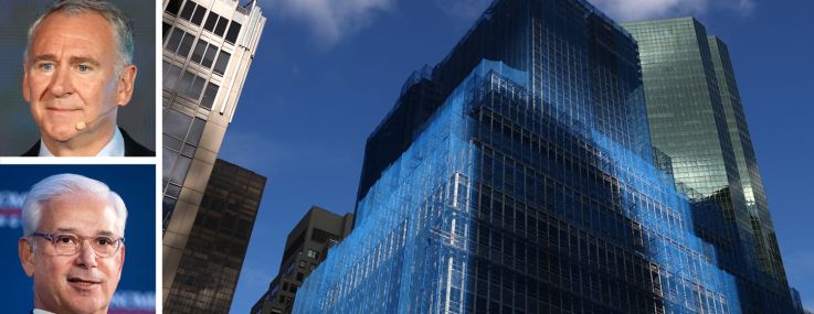 Citadel CEO Ken Griffin (top), Wells Fargo CEO Charlie Scharf (center), JPMorgan CEO Jamie Dimon, and the existing building at 350 Park Avenue.
