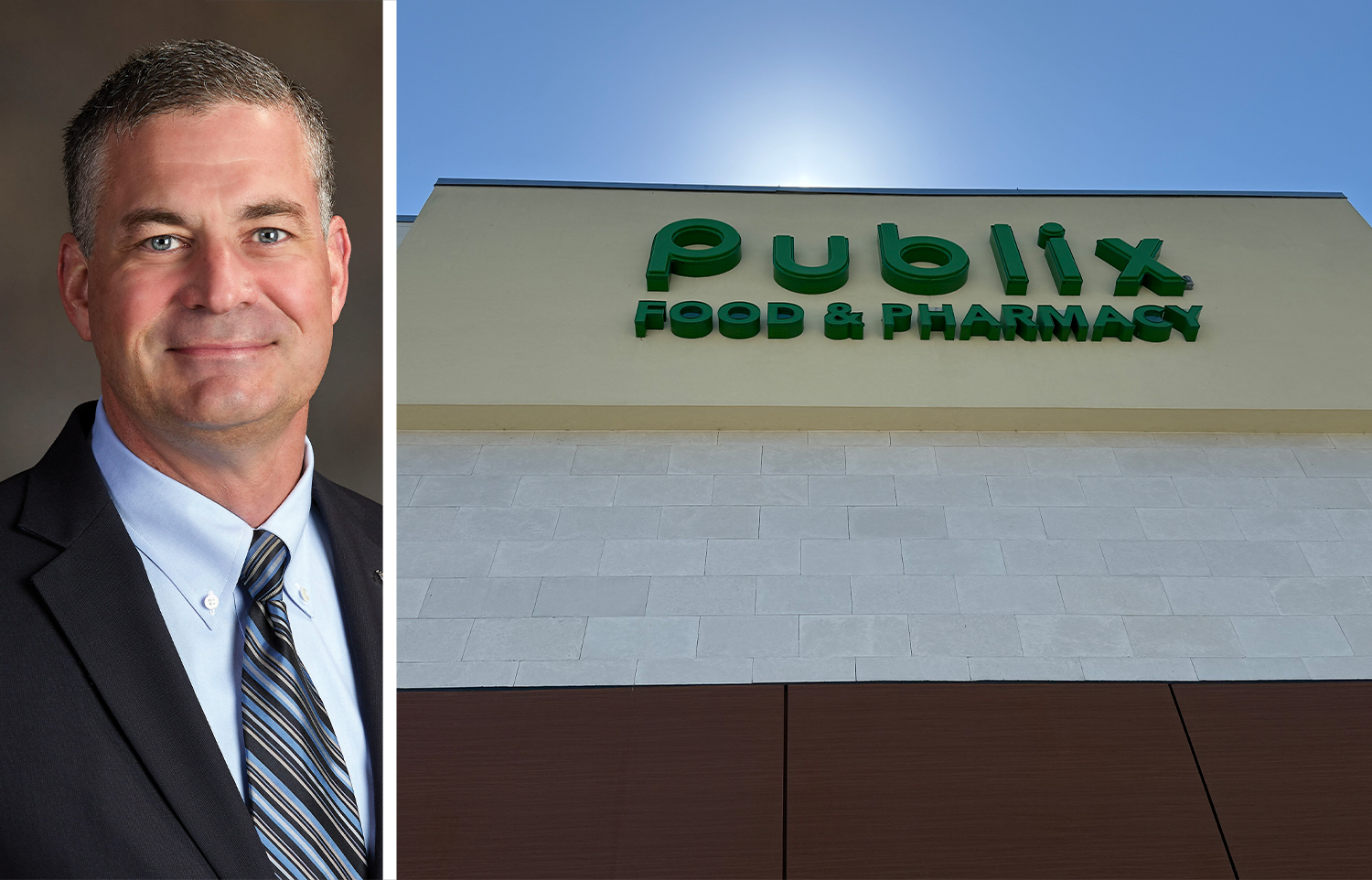 CEO of Publix, Kevin Murphy and an exterior of a Publix supermarket.